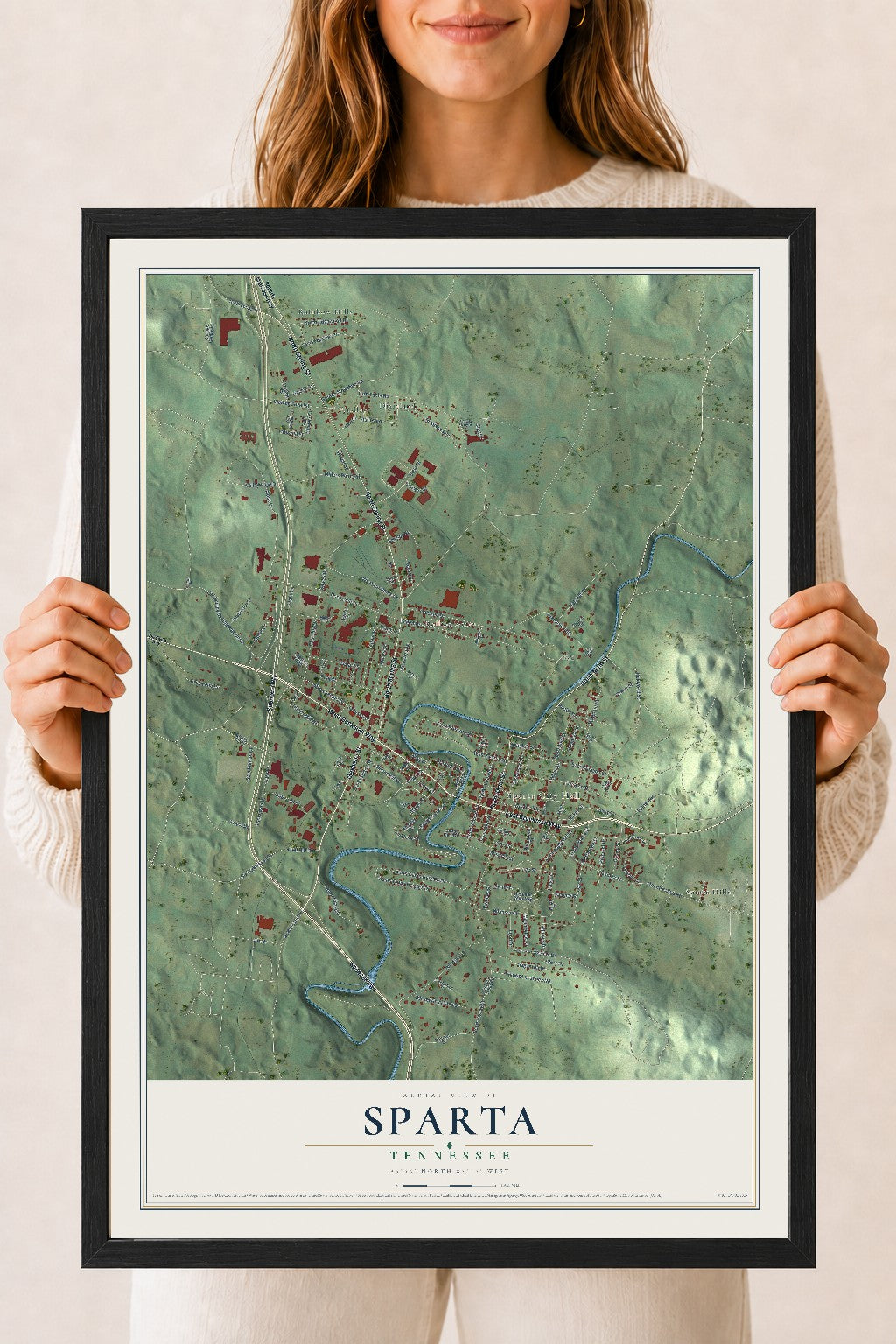 Map of Sparta, Tennessee, 18 x 24 inch print in a black wood frame