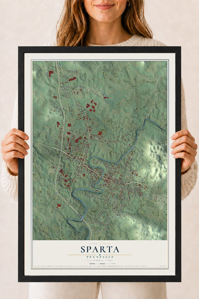 Map of Sparta, Tennessee, 18 x 24 inch print in a black wood frame