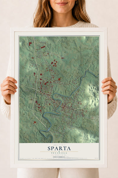 Map of Sparta, Tennessee, 18 x 24 inch print in a white wood frame
