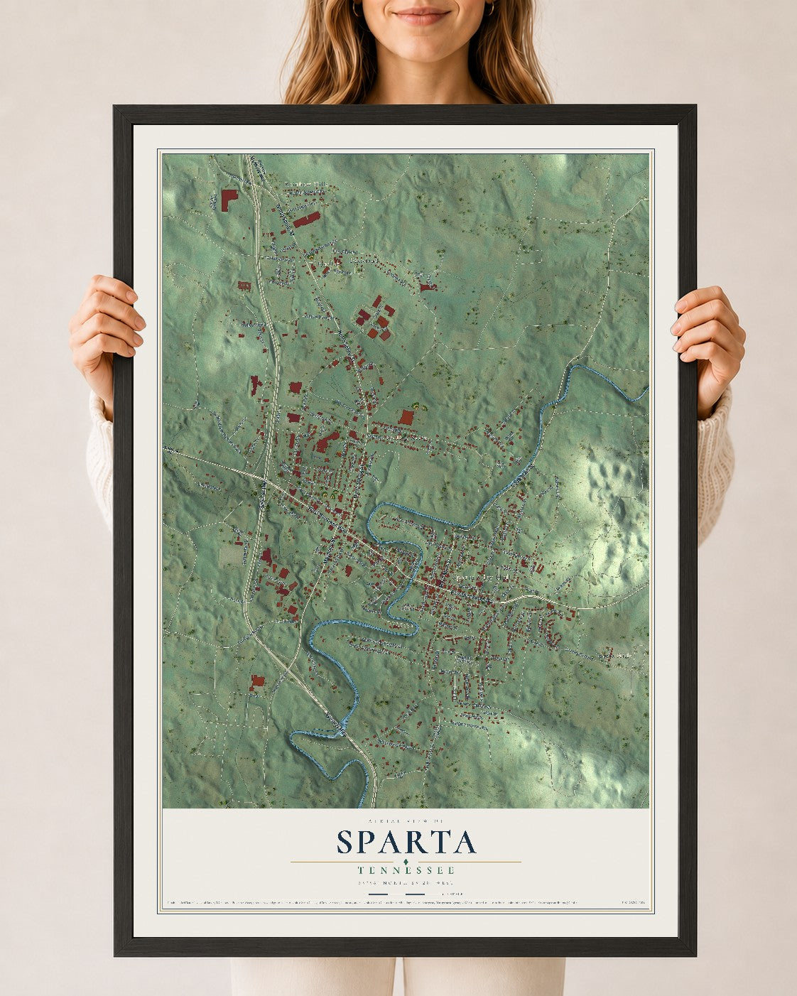 Map of Sparta, Tennessee, 24 x 36 inch print in a black wood frame
