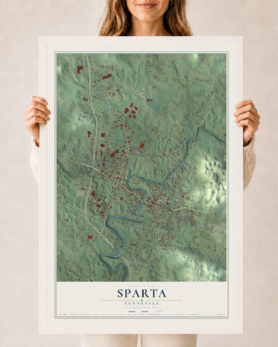 Map of Sparta, Tennessee, 24 x 36 inch print in a white wood frame