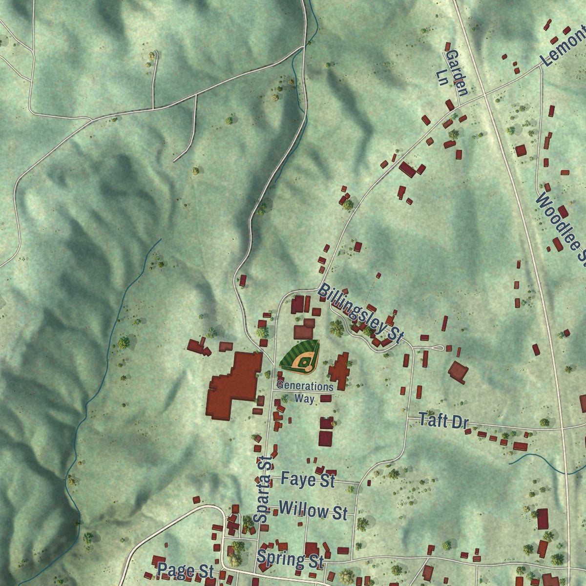 Second close-up of the map of Spencer, Tennessee print showing more streets and buildings