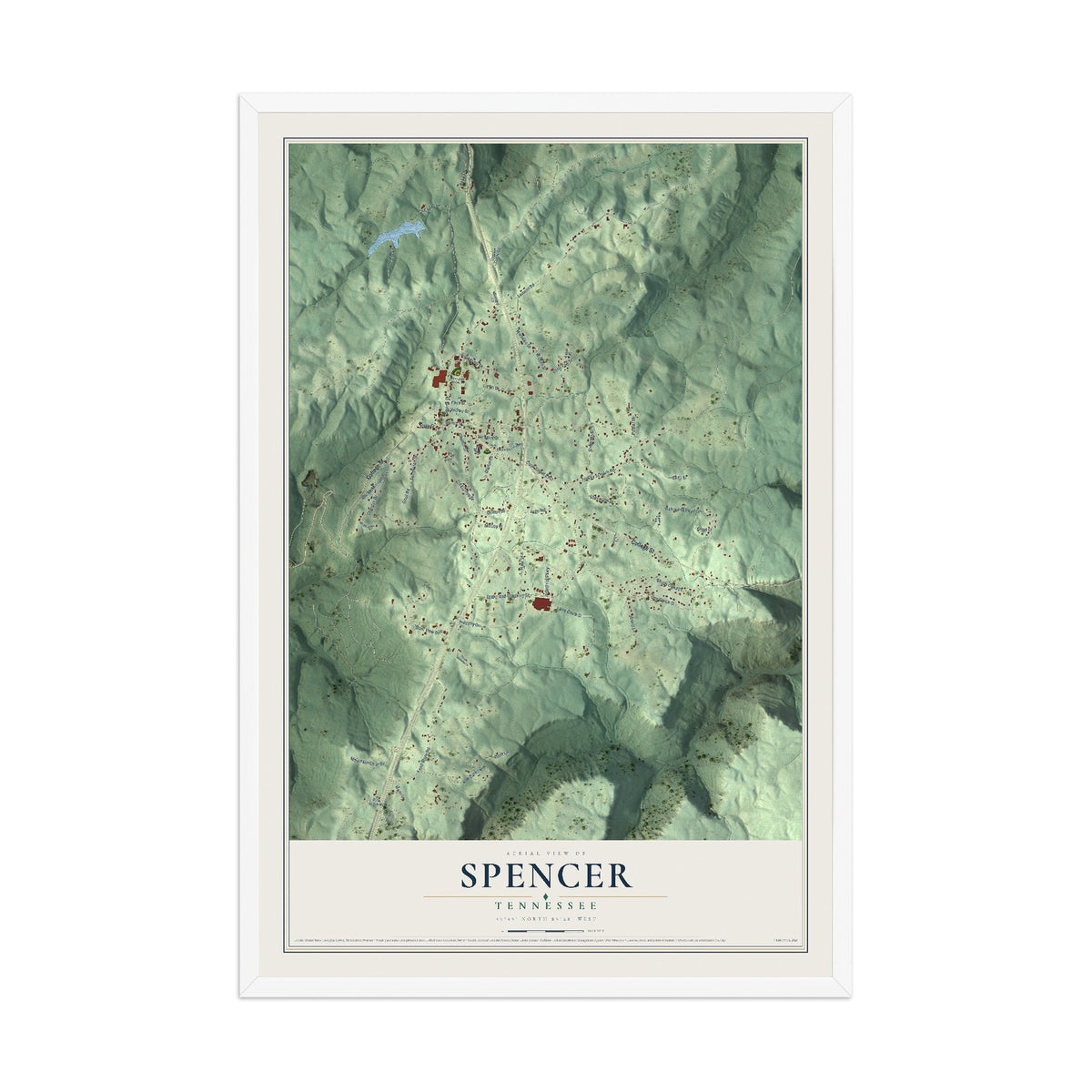 Map of Spencer, Tennessee, 12 x 18 inch print in a white wood frame