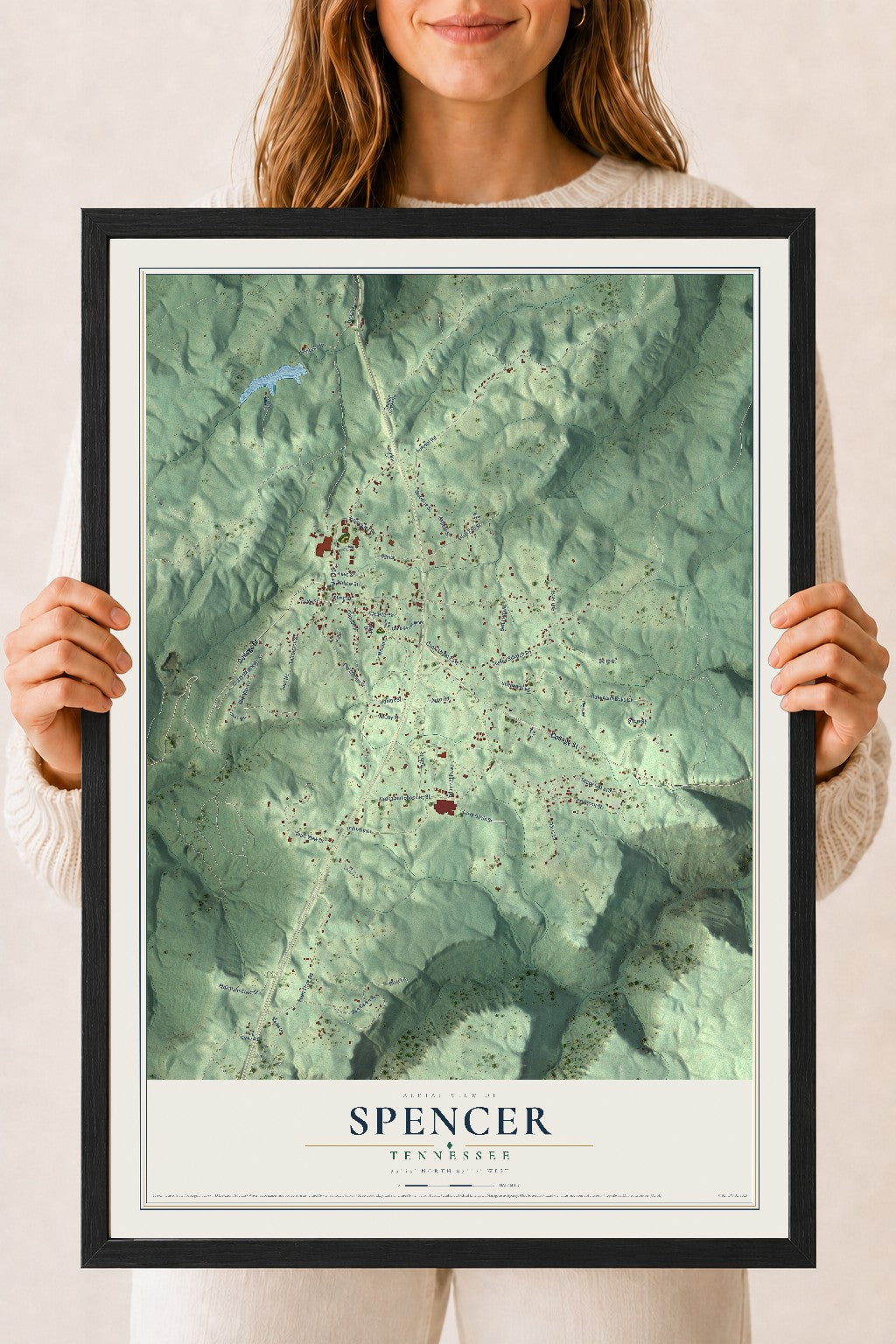 Map of Spencer, Tennessee, 18 x 24 inch print in a black wood frame