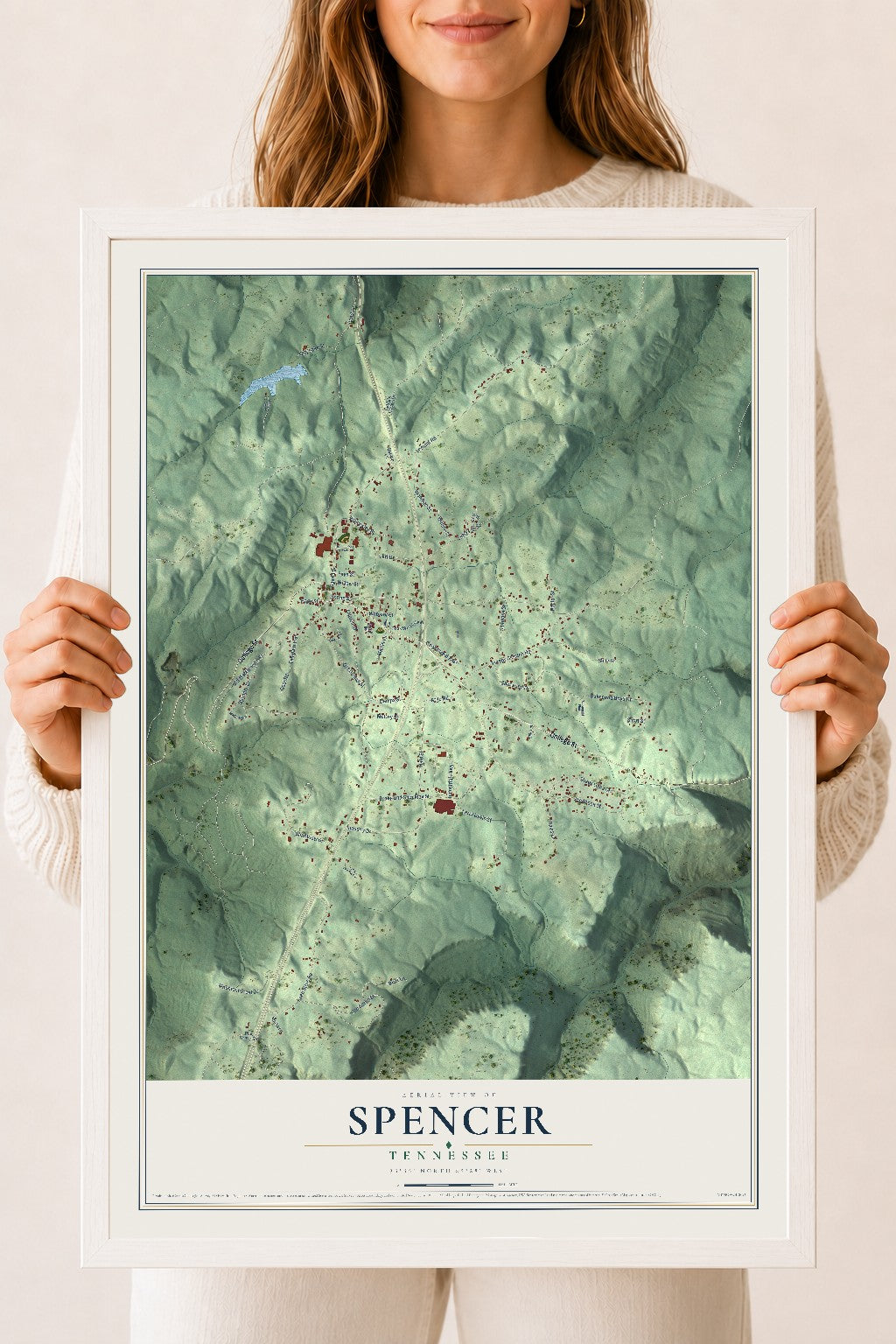 Map of Spencer, Tennessee, 18 x 24 inch print in a white wood frame