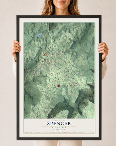 Map of Spencer, Tennessee, 24 x 36 inch print in a black wood frame
