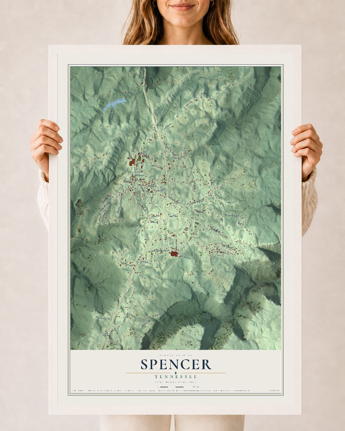 Map of Spencer, Tennessee, 24 x 36 inch print in a white wood frame