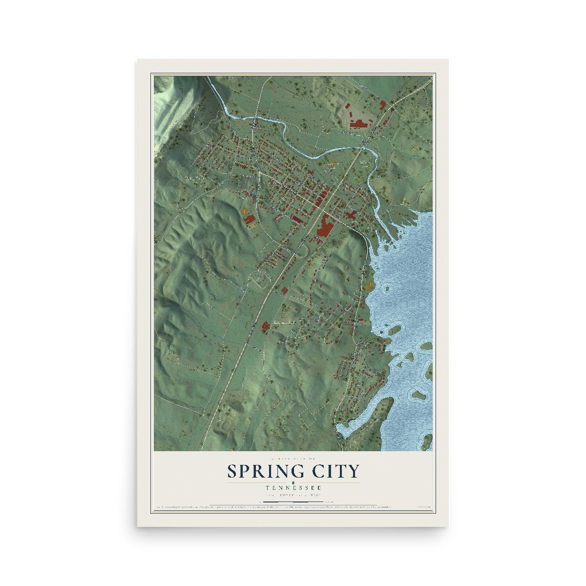 Map of Spring City, Tennessee, 12 x 18 inch unframed archival matte print