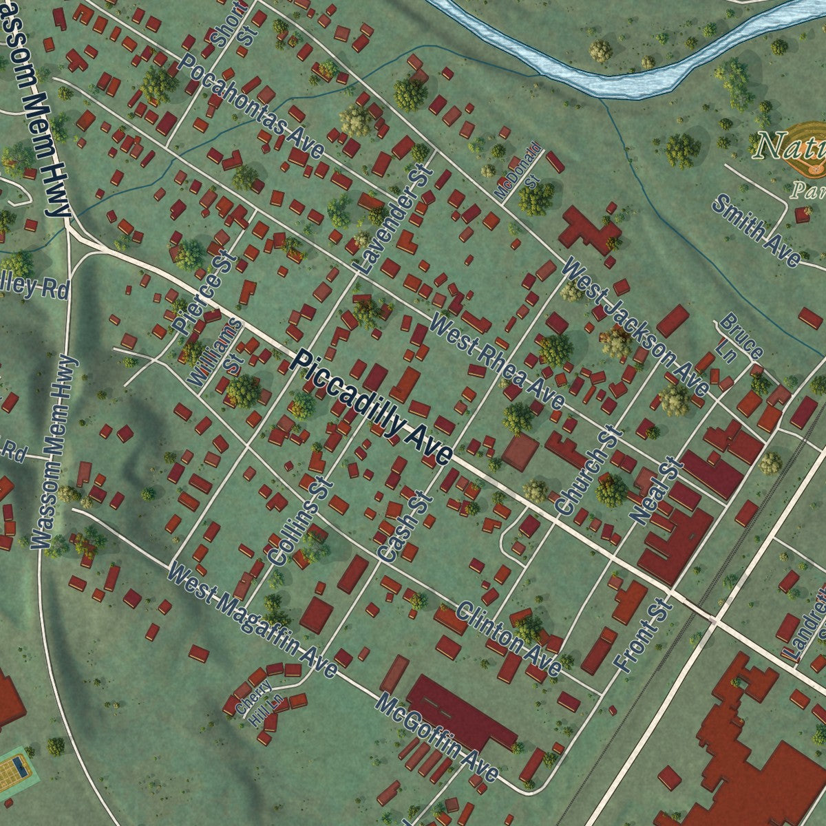 Close-up of the map of Spring City, Tennessee print showing street and building detail