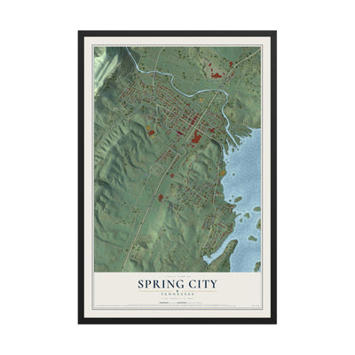 Map of Spring City, Tennessee, 12 x 18 inch print in a black wood frame