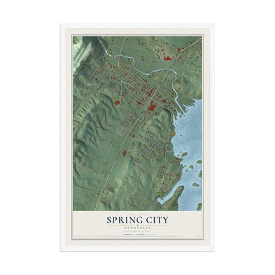 Map of Spring City, Tennessee, 12 x 18 inch print in a white wood frame