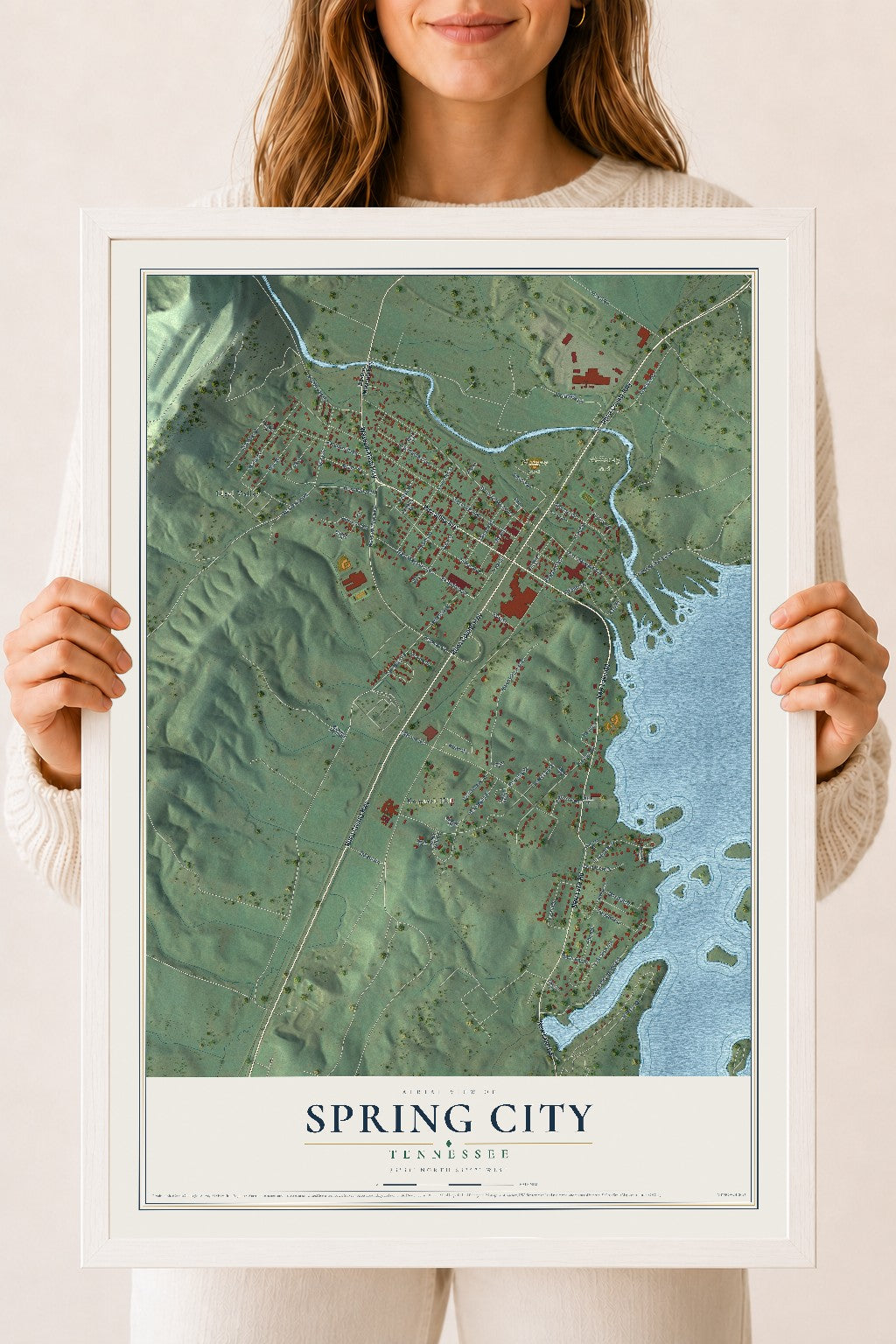 Map of Spring City, Tennessee, 18 x 24 inch print in a white wood frame