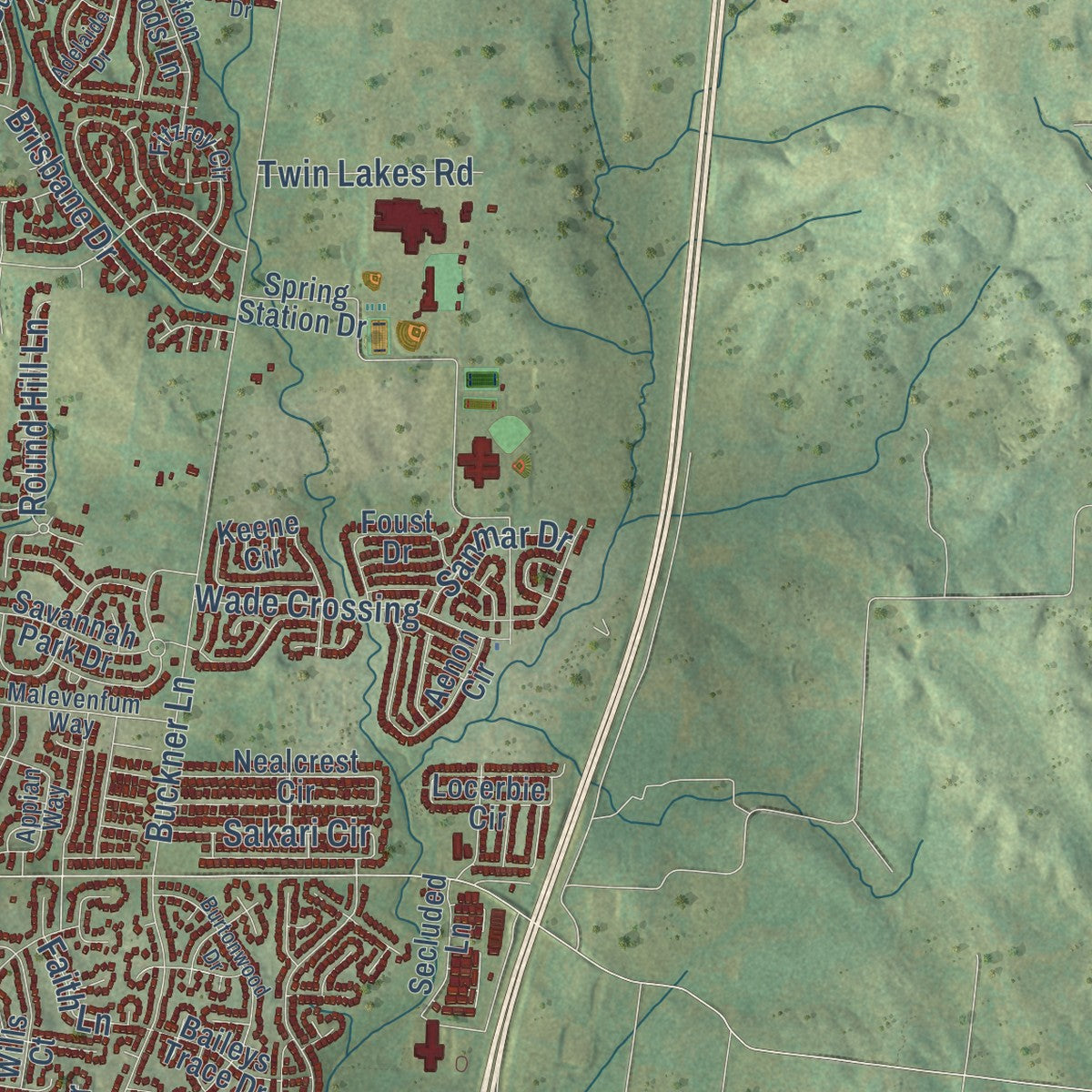 Second close-up of the map of Spring Hill, Tennessee print showing more streets and buildings