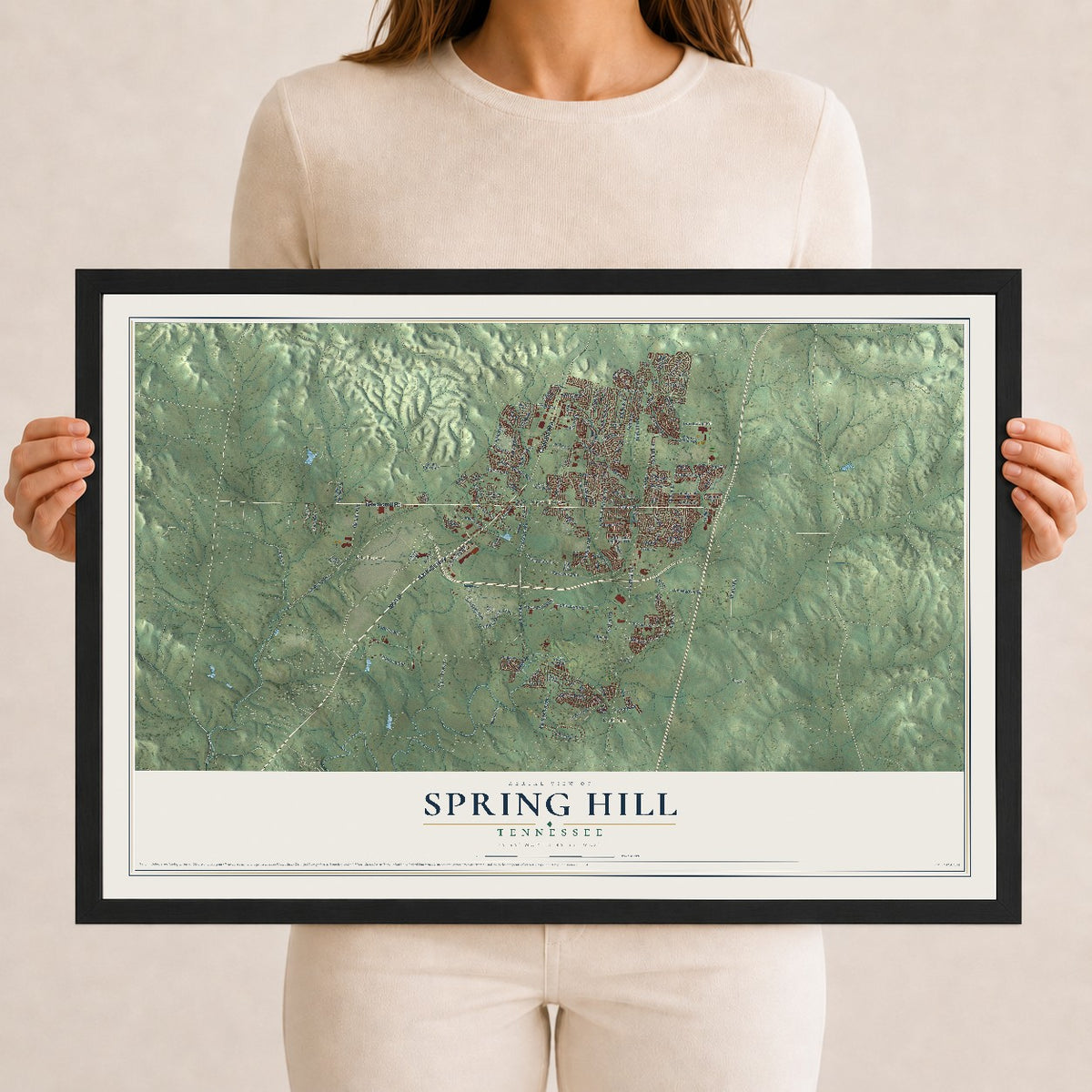Map of Spring Hill, Tennessee, 12 x 18 inch print in a black wood frame