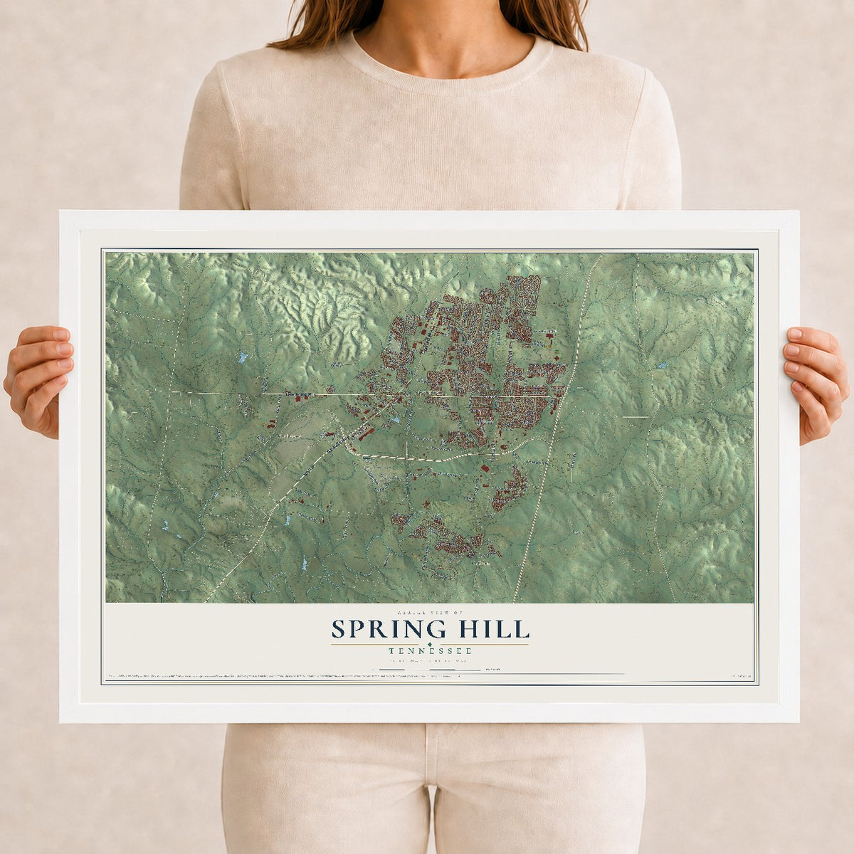 Map of Spring Hill, Tennessee, 12 x 18 inch print in a white wood frame