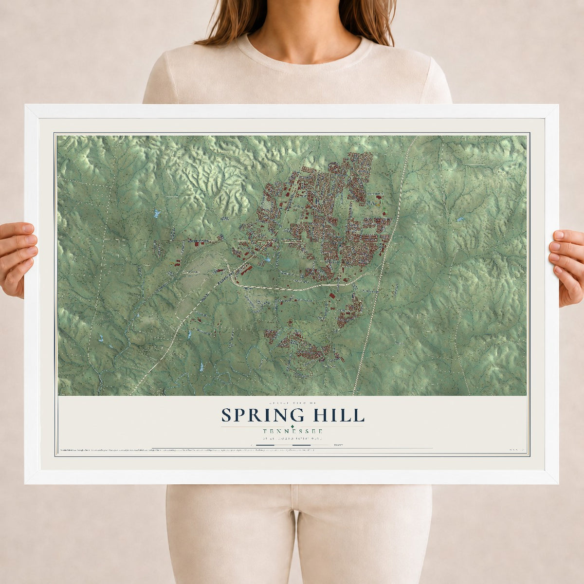 Map of Spring Hill, Tennessee, 18 x 24 inch print in a white wood frame