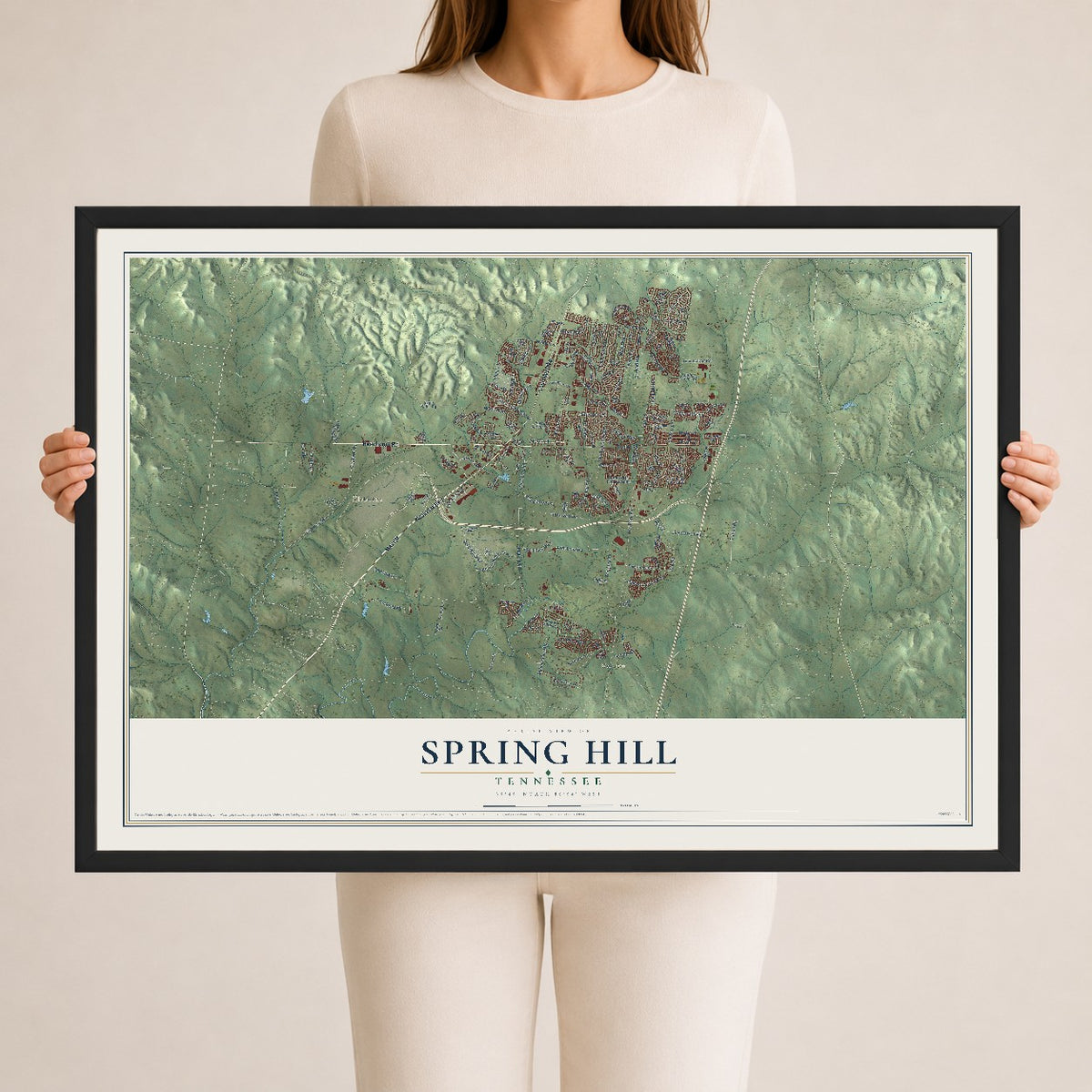 Map of Spring Hill, Tennessee, 24 x 36 inch print in a black wood frame