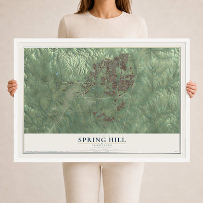 Map of Spring Hill, Tennessee, 24 x 36 inch print in a white wood frame