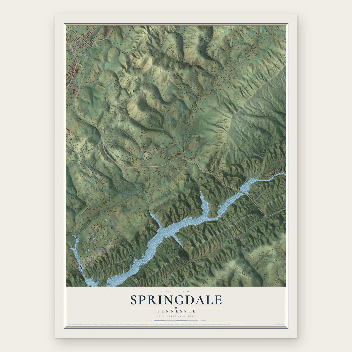 Springdale, Tennessee map print, the full design