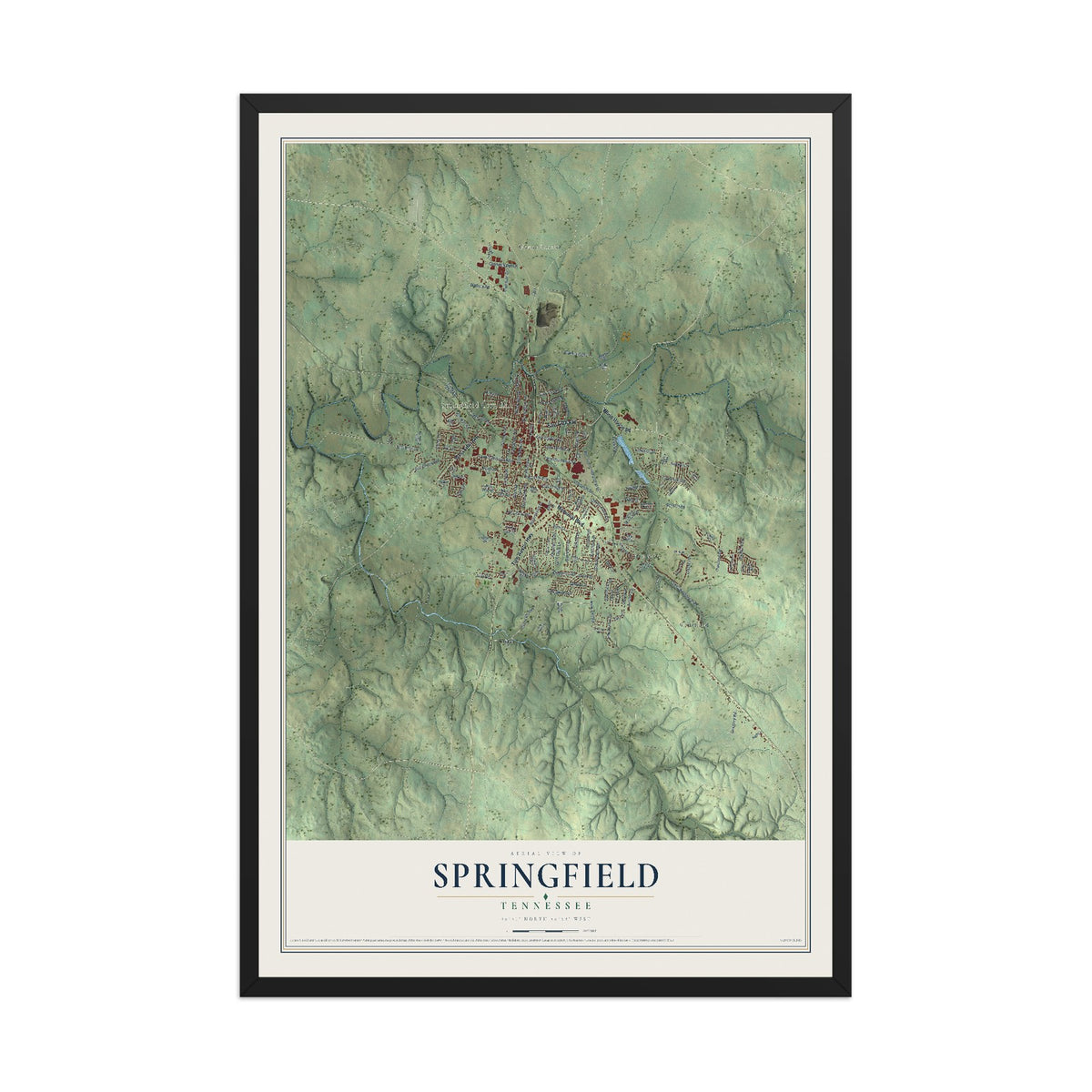 Map of Springfield, Tennessee, 12 x 18 inch print in a black wood frame