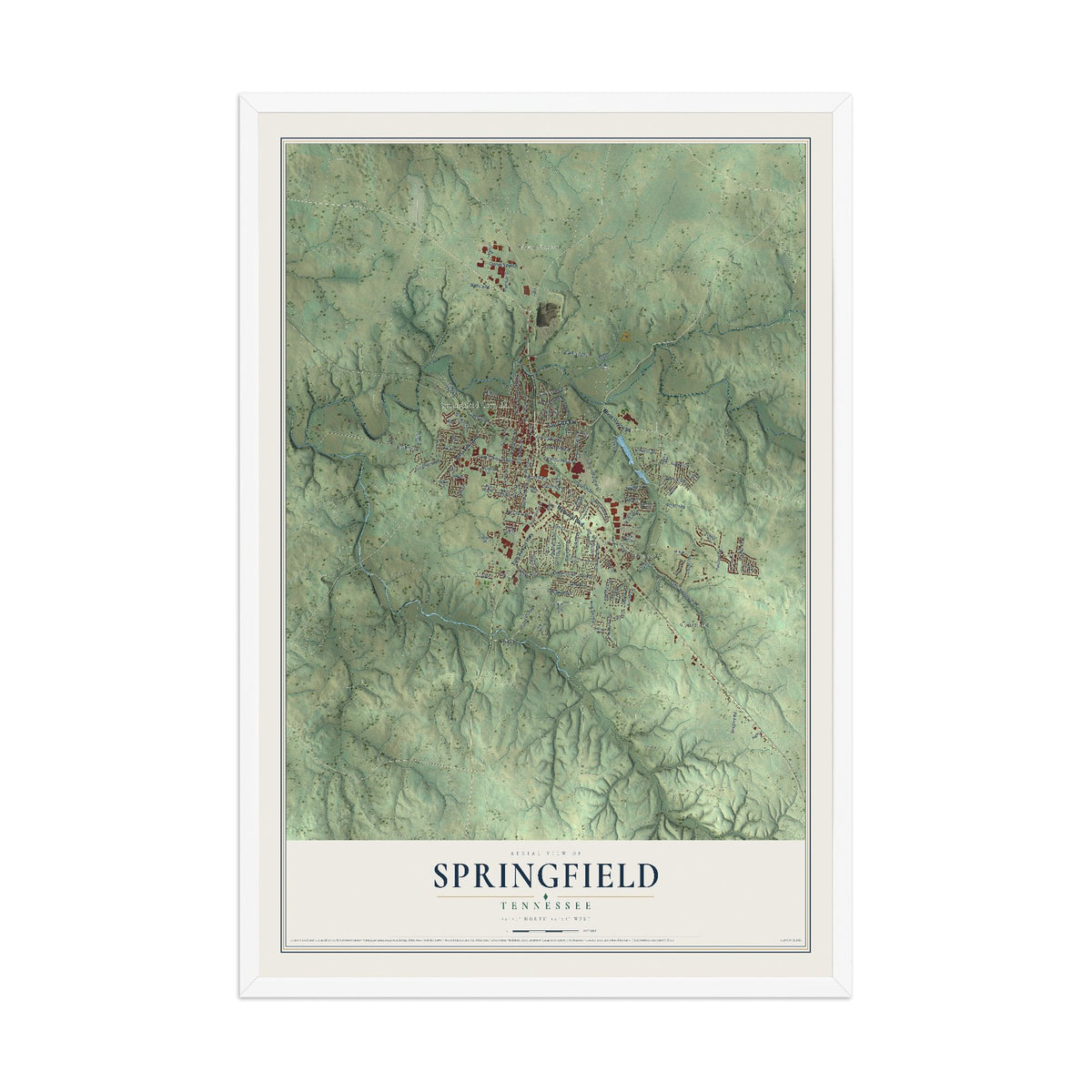 Map of Springfield, Tennessee, 12 x 18 inch print in a white wood frame