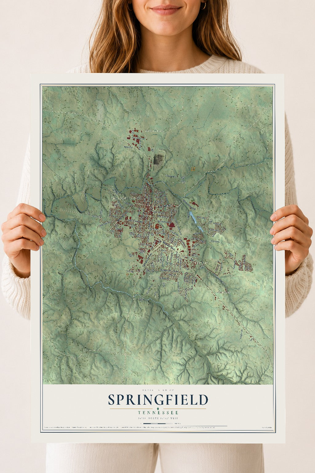 Map of Springfield, Tennessee, 18 x 24 inch unframed archival matte print