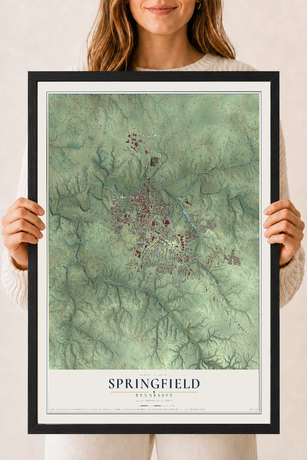 Map of Springfield, Tennessee, 18 x 24 inch print in a black wood frame