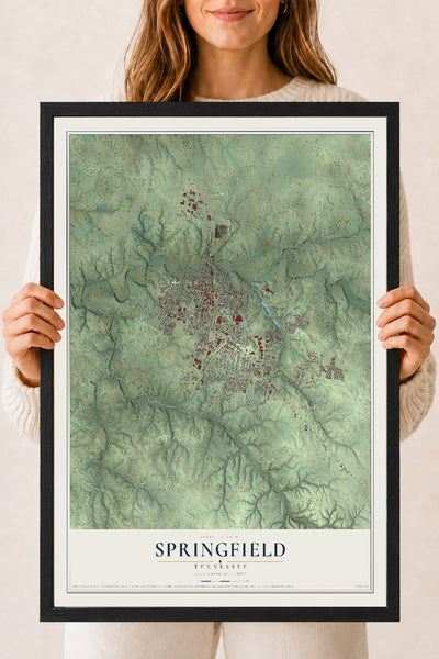 Map of Springfield, Tennessee, 18 x 24 inch print in a black wood frame