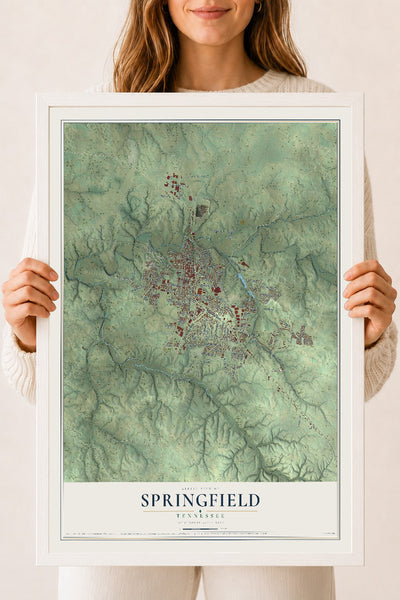 Map of Springfield, Tennessee, 18 x 24 inch print in a white wood frame