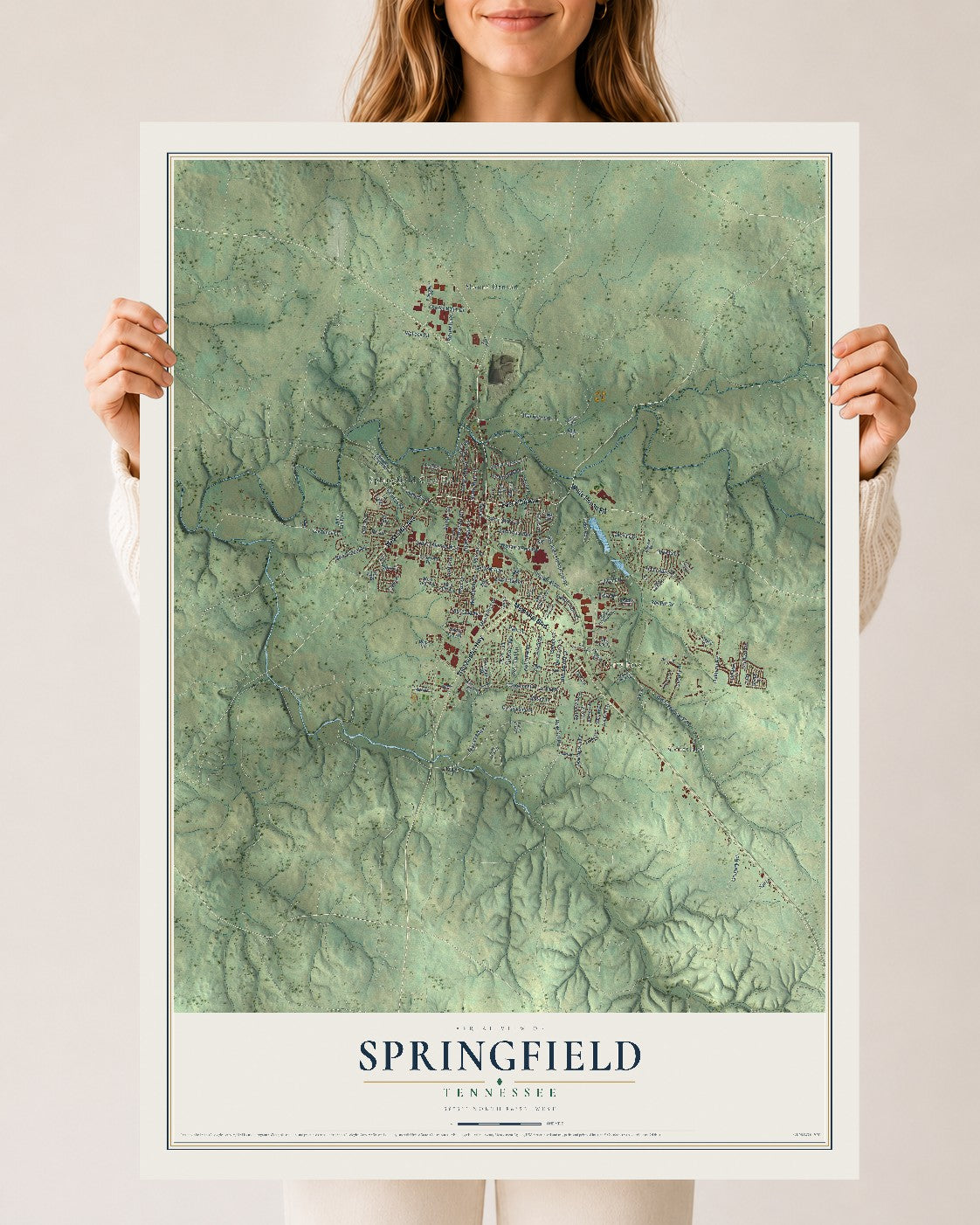 Map of Springfield, Tennessee, 24 x 36 inch unframed archival matte print