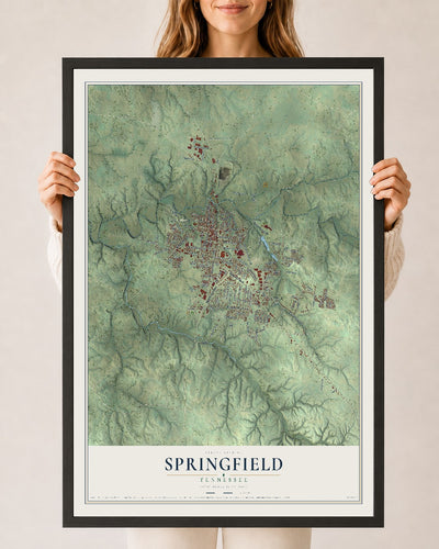Map of Springfield, Tennessee, 24 x 36 inch print in a black wood frame