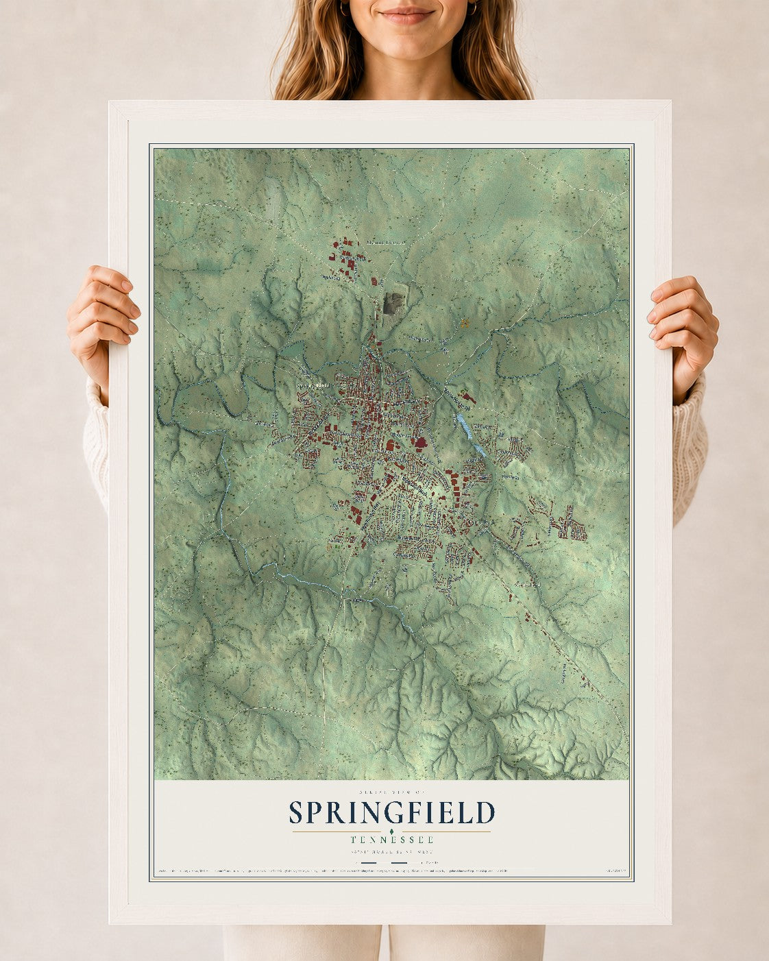 Map of Springfield, Tennessee, 24 x 36 inch print in a white wood frame