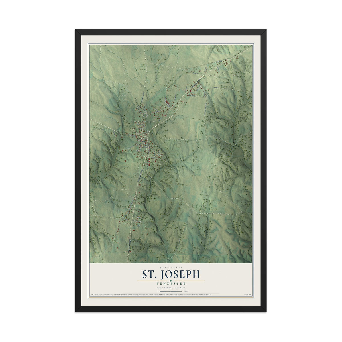 Map of St. Joseph, Tennessee, 12 x 18 inch print in a black wood frame