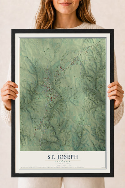 Map of St. Joseph, Tennessee, 18 x 24 inch print in a black wood frame