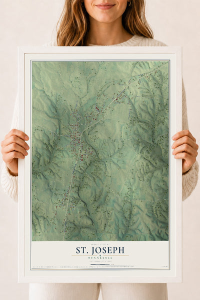 Map of St. Joseph, Tennessee, 18 x 24 inch print in a white wood frame