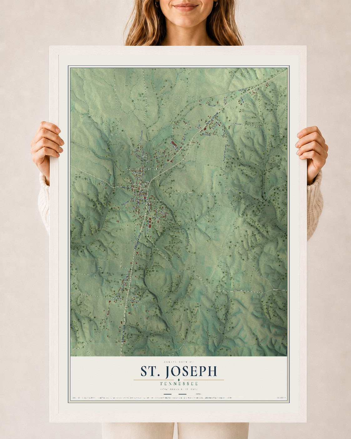 Map of St. Joseph, Tennessee, 24 x 36 inch print in a white wood frame
