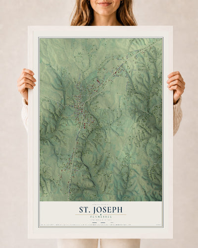 Map of St. Joseph, Tennessee, 24 x 36 inch print in a white wood frame