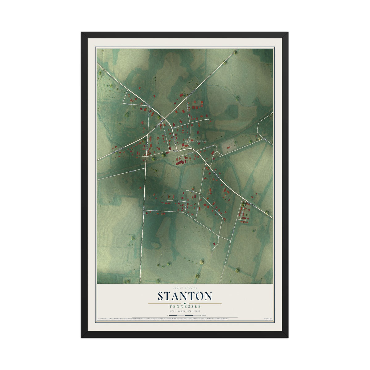 Map of Stanton, Tennessee, 12 x 18 inch print in a black wood frame