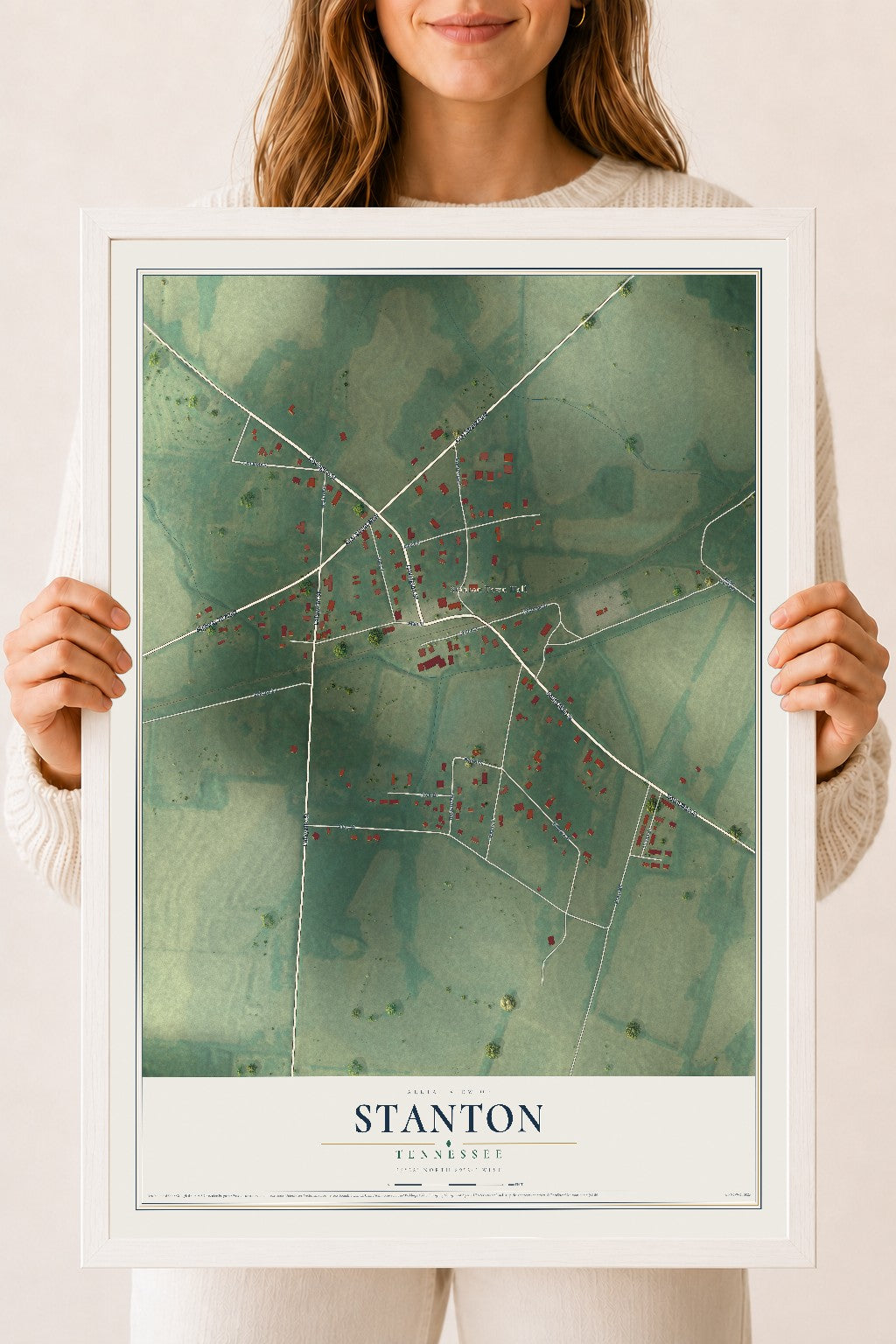 Map of Stanton, Tennessee, 18 x 24 inch print in a white wood frame
