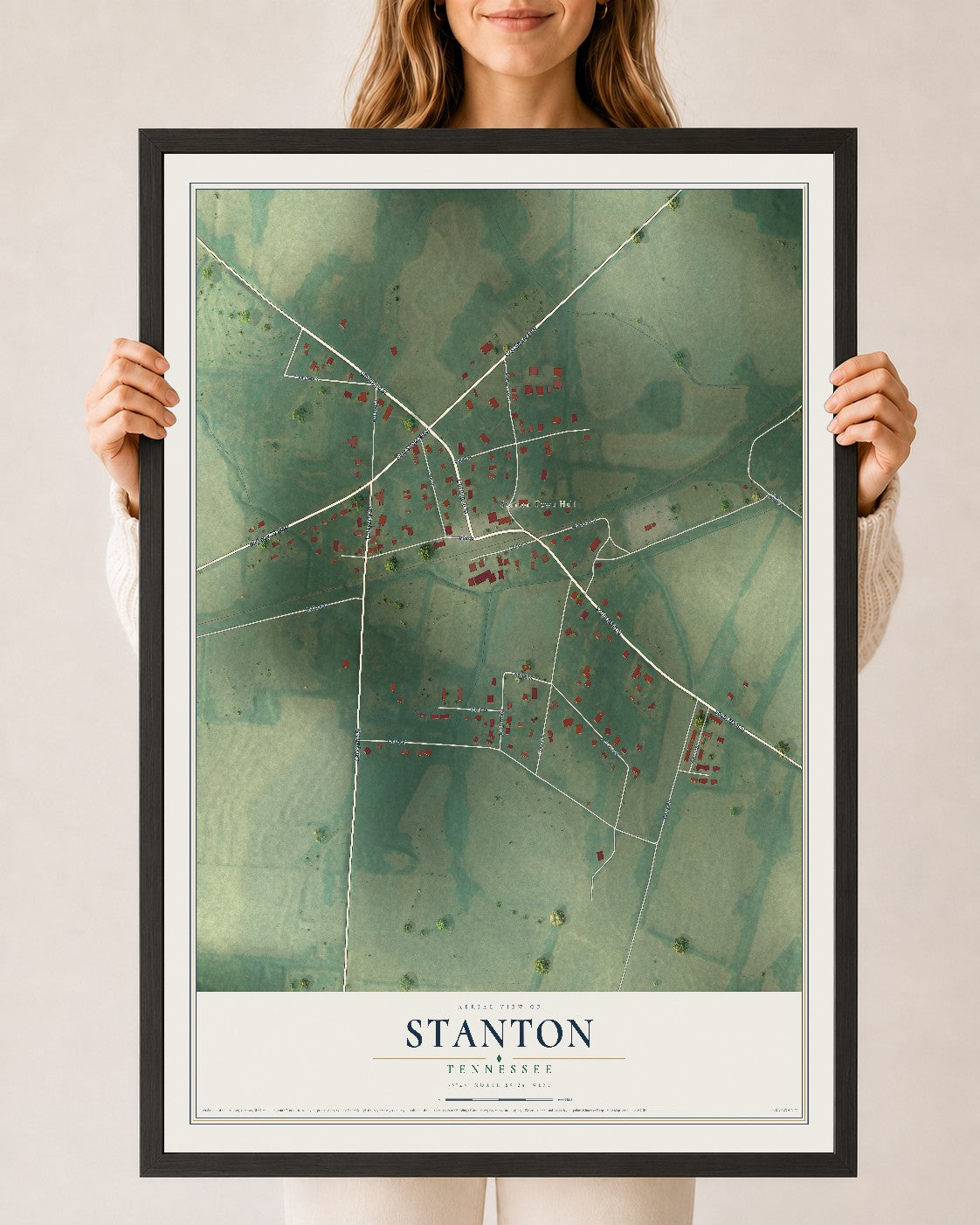 Map of Stanton, Tennessee, 24 x 36 inch print in a black wood frame
