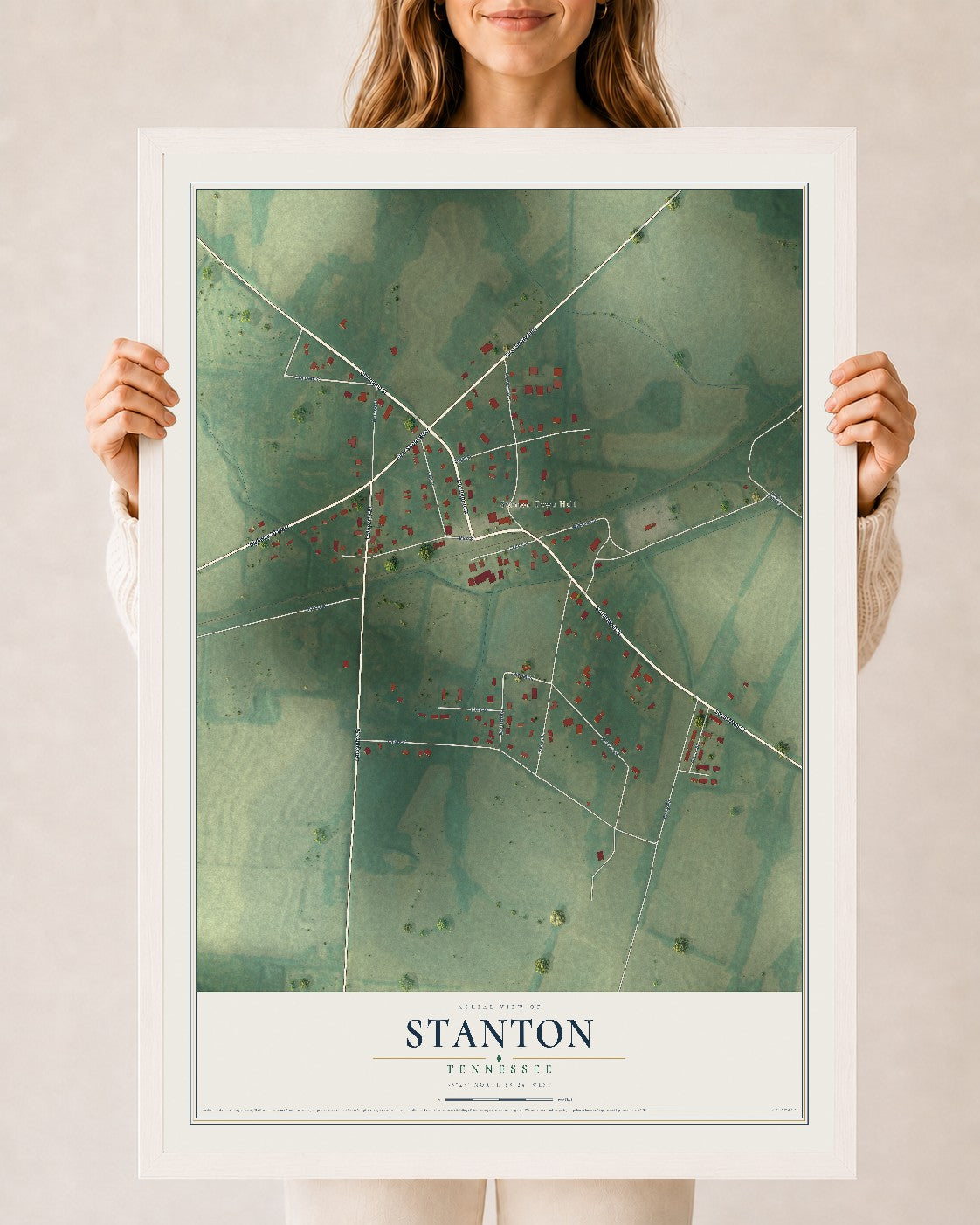 Map of Stanton, Tennessee, 24 x 36 inch print in a white wood frame