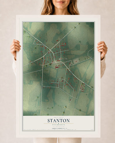 Map of Stanton, Tennessee, 24 x 36 inch print in a white wood frame
