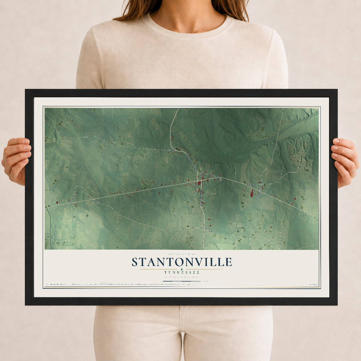 Map of Stantonville, Tennessee, 12 x 18 inch print in a black wood frame