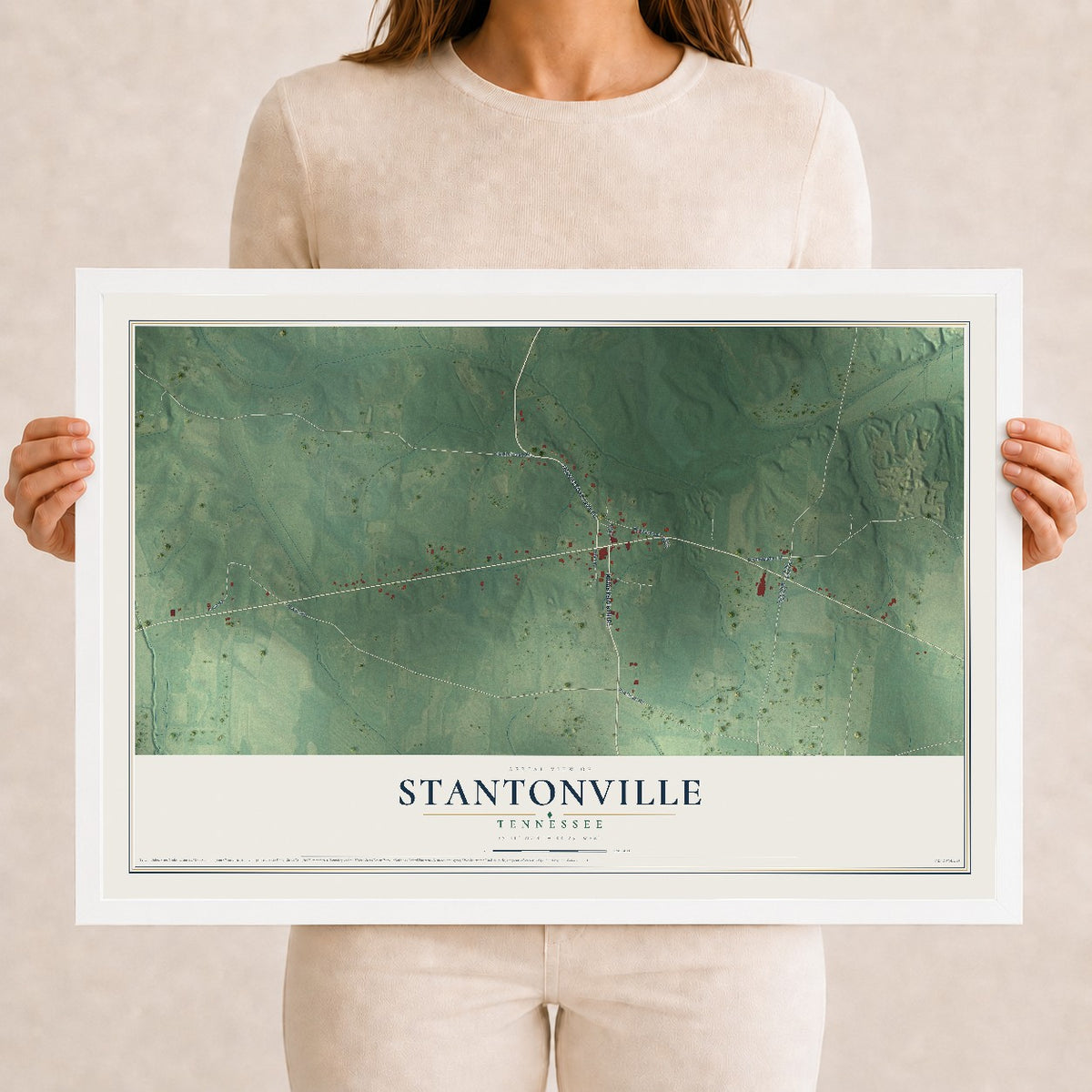 Map of Stantonville, Tennessee, 12 x 18 inch print in a white wood frame