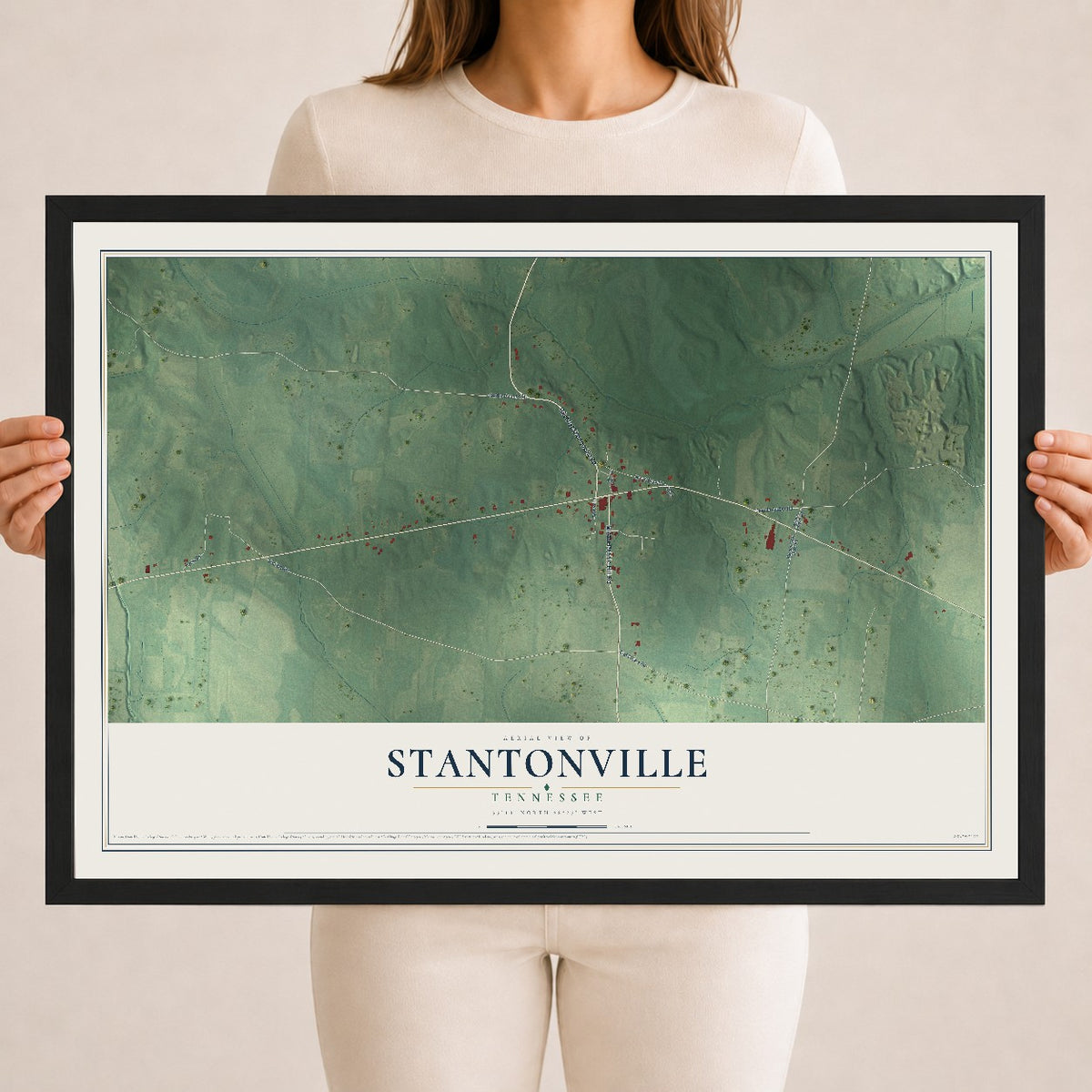 Map of Stantonville, Tennessee, 18 x 24 inch print in a black wood frame