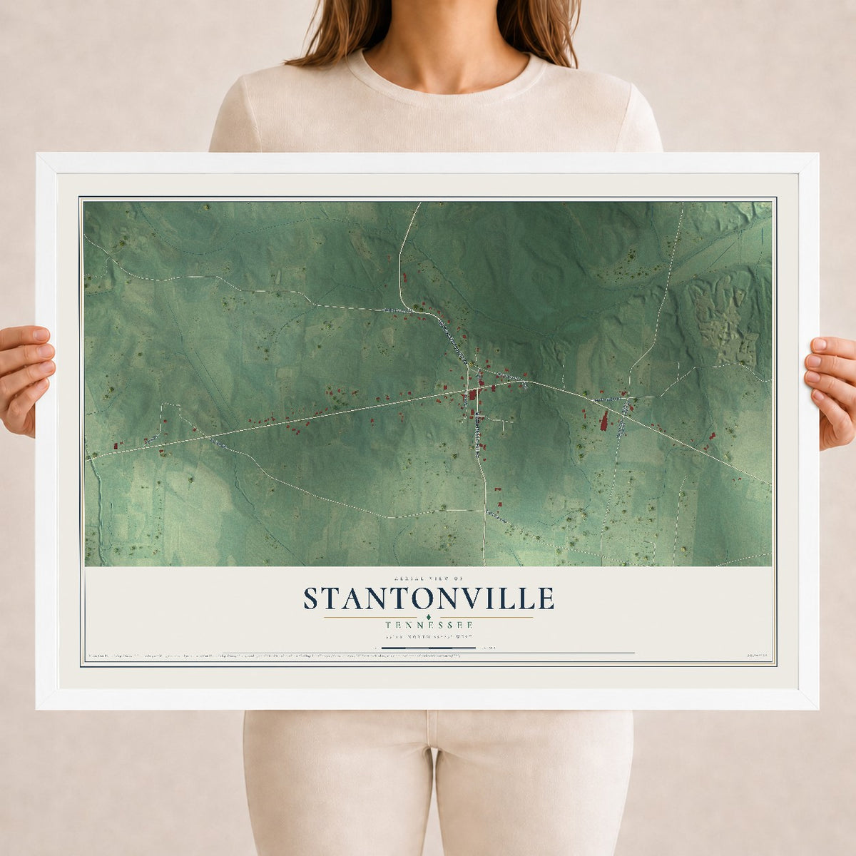Map of Stantonville, Tennessee, 18 x 24 inch print in a white wood frame