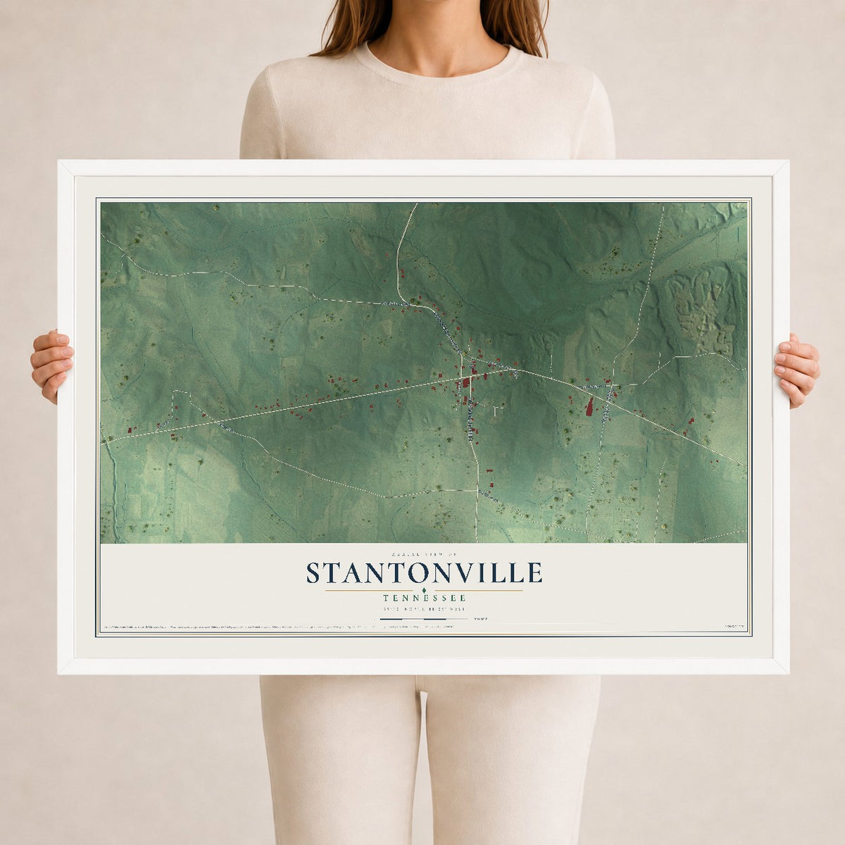 Map of Stantonville, Tennessee, 24 x 36 inch print in a white wood frame
