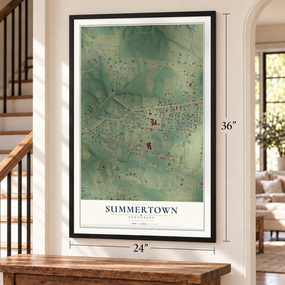 Summertown, Tennessee map, 24 x 36 inch print in a black frame by a staircase