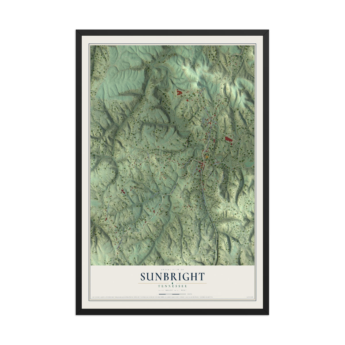 Map of Sunbright, Tennessee, 12 x 18 inch print in a black wood frame