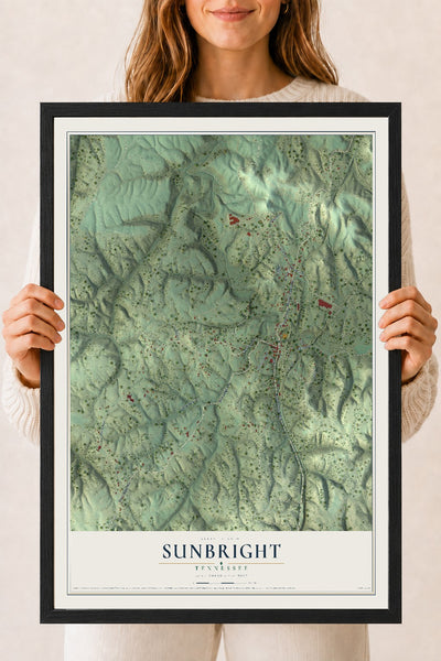 Map of Sunbright, Tennessee, 18 x 24 inch print in a black wood frame
